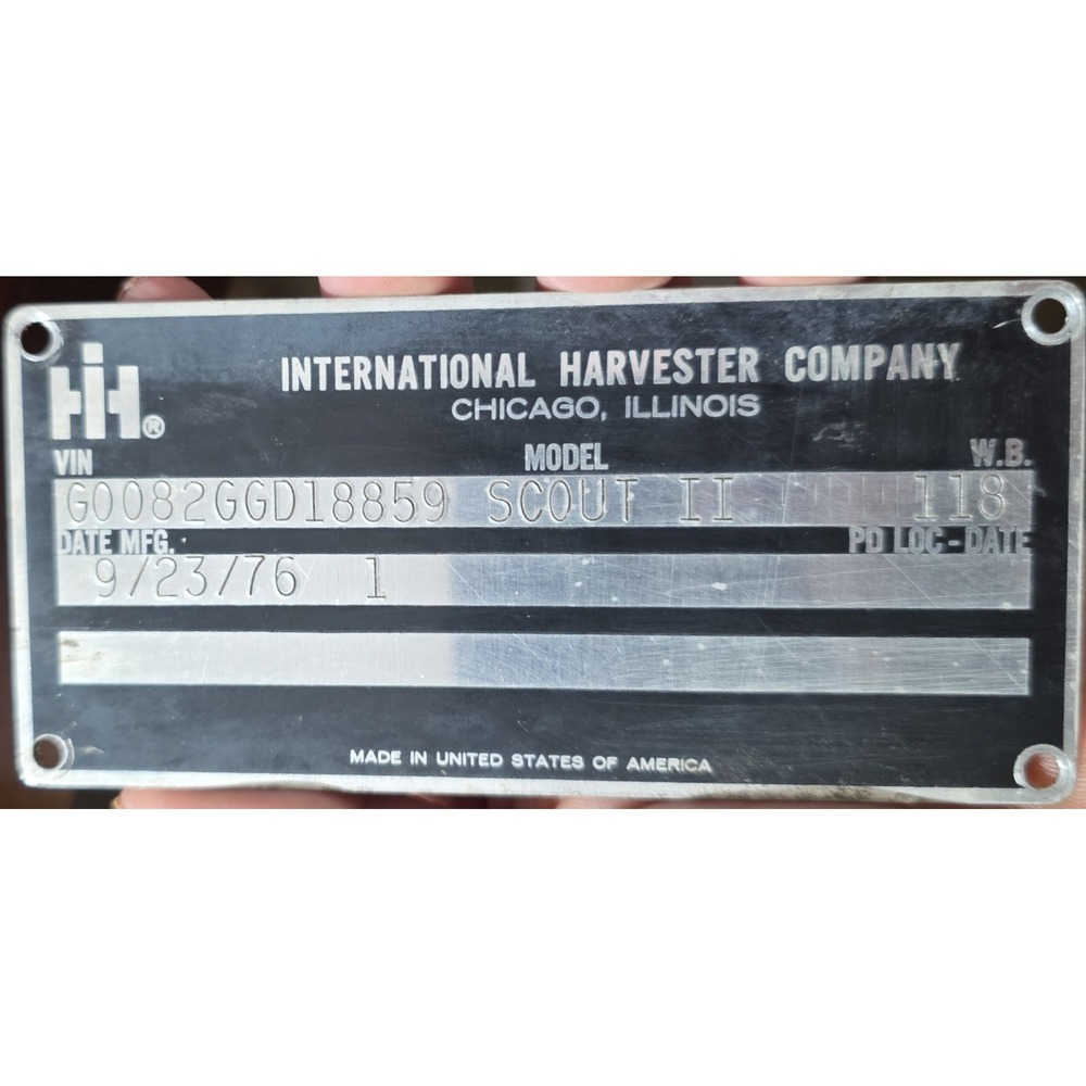 1977 International Harvester IH Scout Traveler Data Plate ID‎ Tag